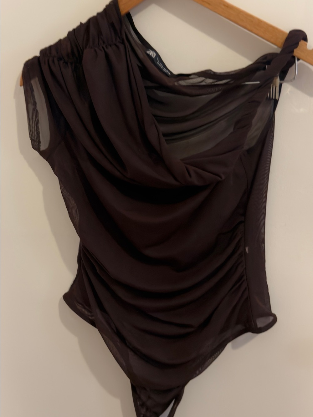 Zara Sheer One-Shoulder Top in Chocolate Brown